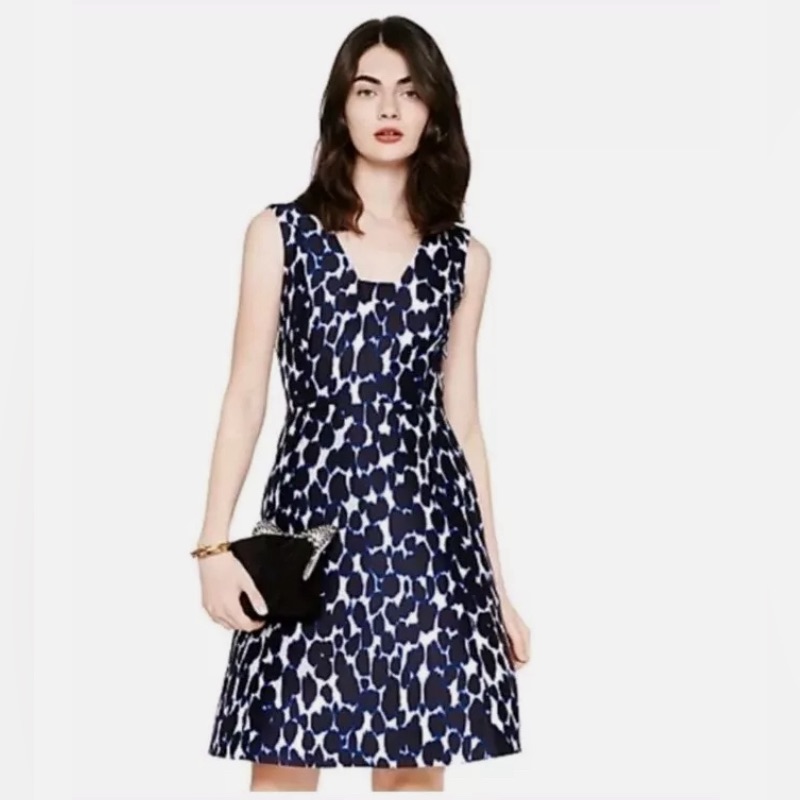 Kate Spade Navy And White Leopard Print Square Neck Structured Cocktail Dress